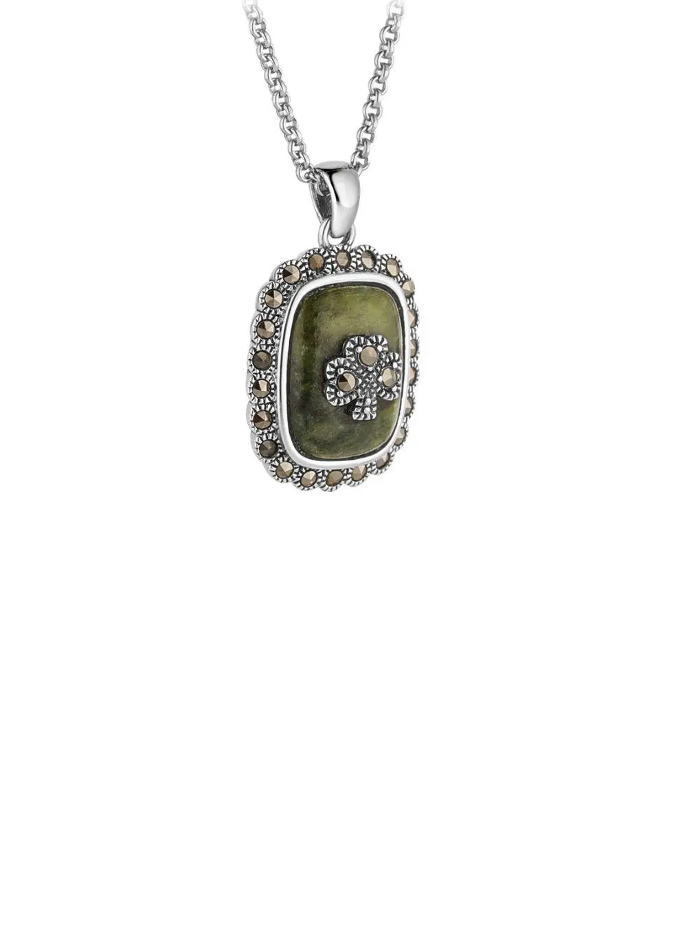 Sterling Silver & Connemara Marble Shamrock Pendant with Marcasite 